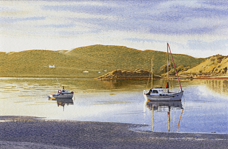 A painting of boats anchored at Morar, Scotland by Margaret Heath.