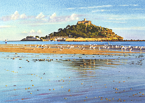 A painting of St Michael's Mount, Marazion, Cornwall at sunset by Margaret Heath.