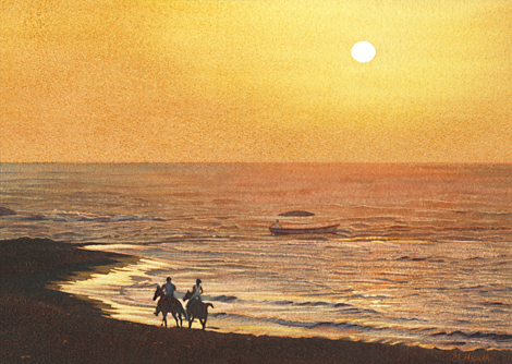 A painting of horses riding into the sunset along a beach on Cyprus by Margaret Heath.