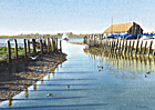 A painting of the boathouse at Bosham, West Sussex in autumn sunshine by Margaret Heath.