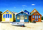 A painting of beach huts at Mudeford sandspit, Dorset by Margaret Heath.