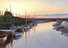 A painting of boats moored at Blakeney, Norfolk at sunset by Margaret Heath.