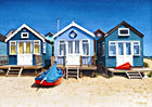 A painting of beach huts at Mudeford sandspit, Dorset by Margaret Heath.