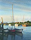 A painting of boats moored on the River Blyth, Southwold Harbour, Suffolk at dawn by Margaret Heath.