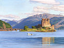 An oil painting of Eilean Donan Castle, Scotland at sunset by Margaret Heath.