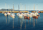 A painting of boats moored in Lyme Regis harbour, Dorset in the evening by Margaret Heath.