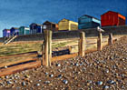A painting of beach huts at Tankerton beach near Whitstable in the evening by Margaret Heath.