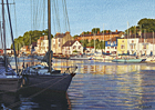 A painting of boats moored in Weymouth harbour, Dorset in the evening by Margaret Heath.