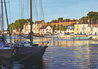 A painting of boats moored in Weymouth harbour, Dorset in the evening by Margaret Heath.