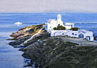 A painting of Chryssopigi Monastery, Sifnos, Greece in the evening by Margaret Heath.