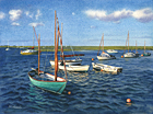 A painting of boats moored in the harbour at Wells-next-the-Sea, Norfolk in the evening by Margaret Heath.