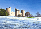 A watercolour painting of Bodiam Castle, Sussex on a frosty morning by Margaret Heath.