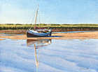 A painting of a boat at low tide at Burnham Overy Staithe, Norfolk by Margaret Heath.