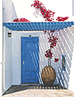 A painting of a potted plant outside a doorway in Platys Gialos, Sifnos, Greece by Margartet Heath.