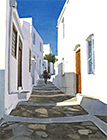 A painting of a man on a donkey on the pathway to Artemonas, Sifnos, Greece by Margartet Heath.