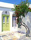 A painting of a flowering tree outside a doorway in Apollonia, Sifnos, Greece by Margartet Heath.