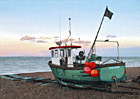 A painting of a fishing boat on the beach at Aldeburgh, Suffolk at dusk by Margaret Heath.