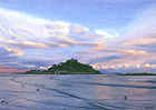 A painting of St Michael's Mount, Marazion, Cornwall at twilight by Margaret Heath.