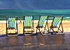 A painting of deck chairs after a summer storm at Bournemouth by Margaret Heath.