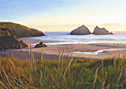 A painting of Holywell Bay, Cornwall at sunset by Margaret Heath.