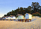 A painting of beach huts at Wells-next-the-Sea, Norfolk at sunset by Margaret Heath.