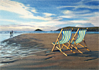 A painting of deck chairs on the beach at Crantock, Cornwall at sunset by Margaret Heath.