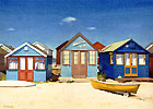 A painting of beach huts at Mudeford sandspit, Dorset by Margaret Heath.