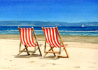 A painting of deck chairs on the beach at Weymouth, Dorset by Margaret Heath.