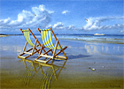 A painting of deck chairs on Studland beach, Dorset by Margaret Heath.