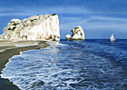 A painting of Aphrodite's Rock, Cyprus by Margaret Heath.