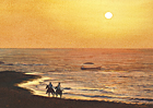 A painting of two horse riders on the beach in Cyprus at sunset by Margaret Heath.